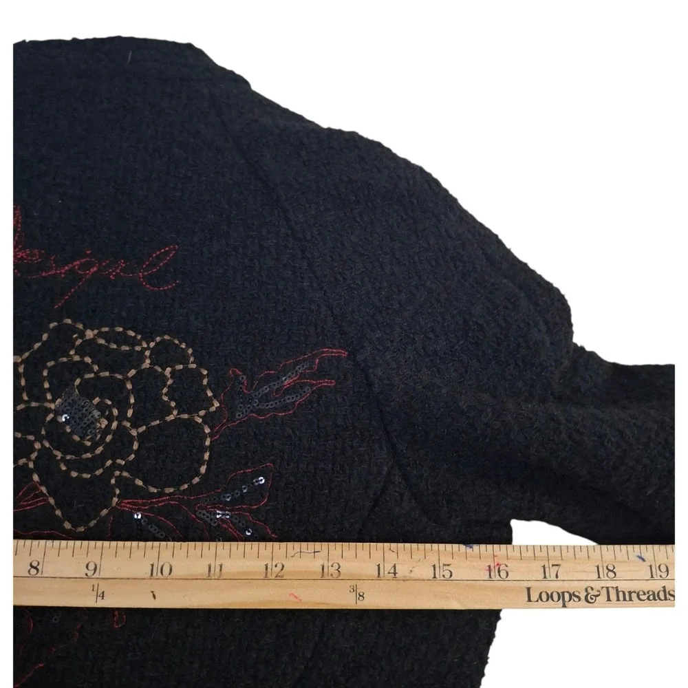 Desigual Black Boucle Wool Blend Floral Pleated Skirt Coat Jacket Womens 36